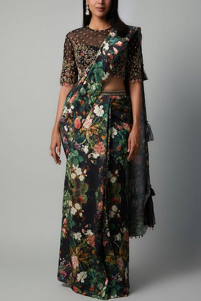 Black raw silk sari set
