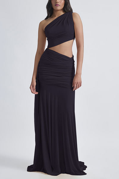 Black ruched one-shoulder gown