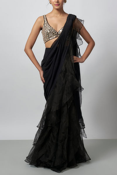 Black ruffle sari set