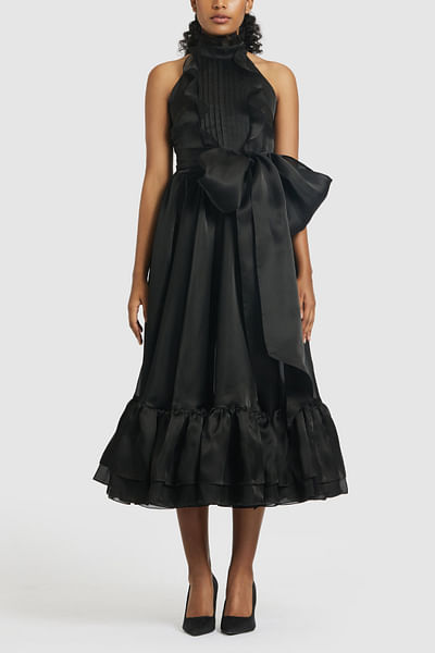 Black ruffled pintuck midi dress