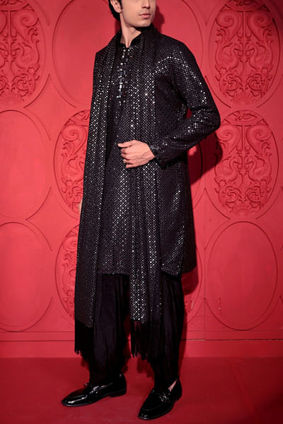 Black sequinned embroidered kurta set