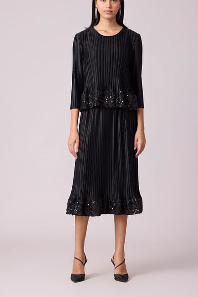 Black sequin embellished pleated skirt set
