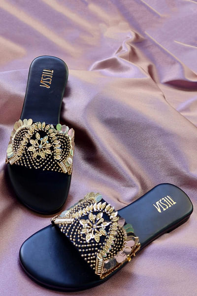 Black sequin embroidered flats