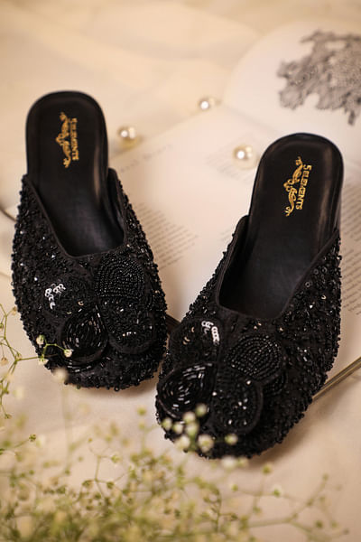 Black sequin embroidered mule heels