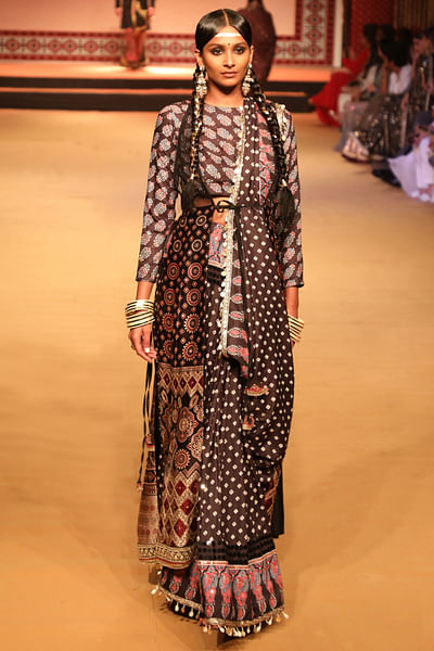 Black sequin embroidered sari set