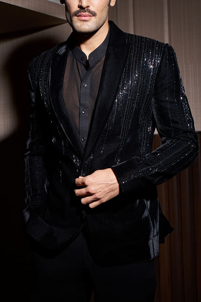 Black sequinned velvet jacket set