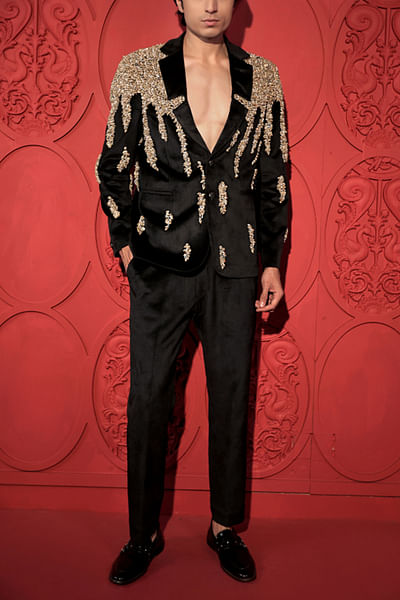 Black velvet embroidered blazer set