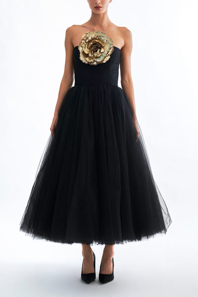 Black strapless embroidered midi dress