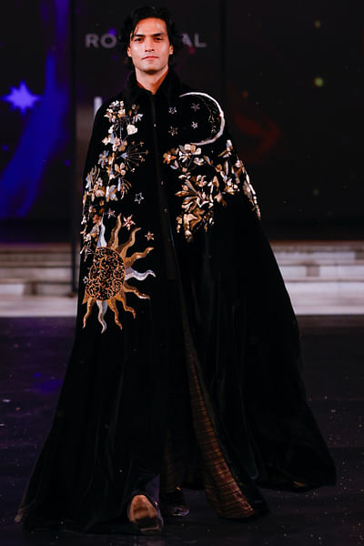 Black sun and moon embroidered velvet cape