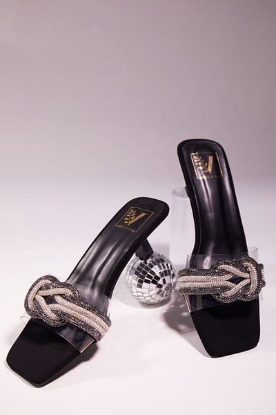 Black Swarovski embellished slip-on heels