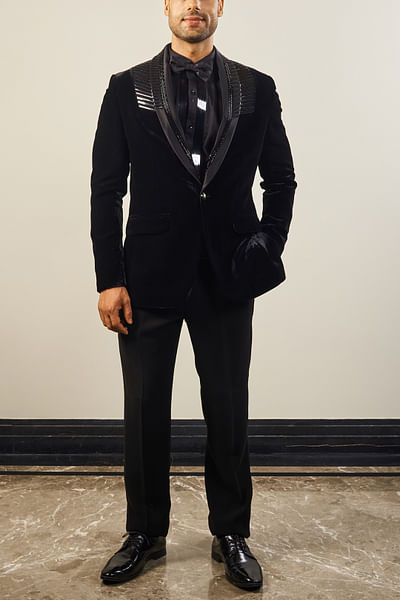 Black tape embellished silk velvet tuxedo set