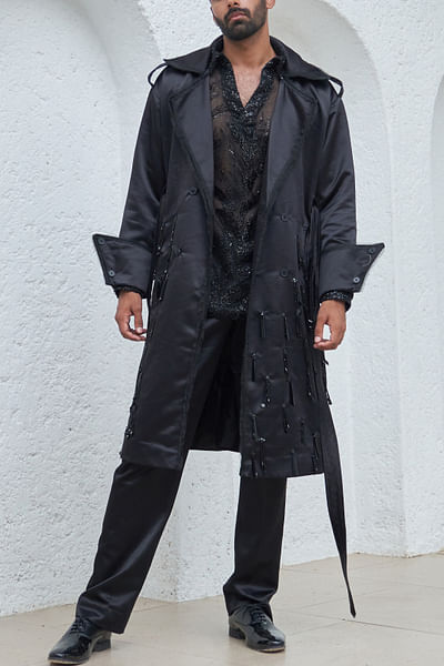 Black tassel embellished trench coat