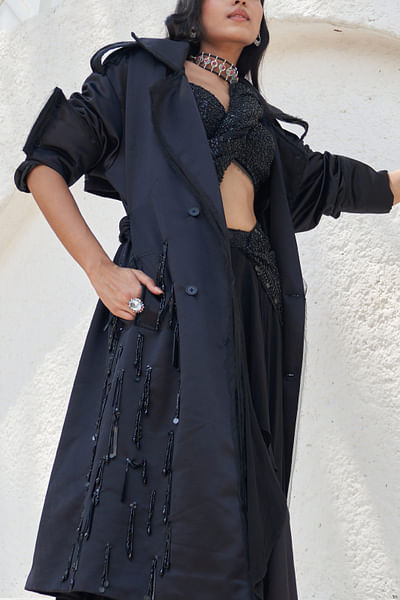 Black tassel embellished trench coat set