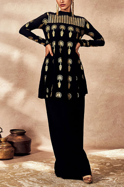 Black traveller's palm foil printed tunic set
