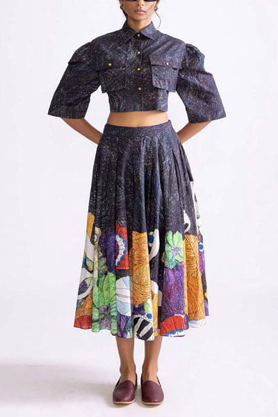 Black tribal floral printed midi skirt set