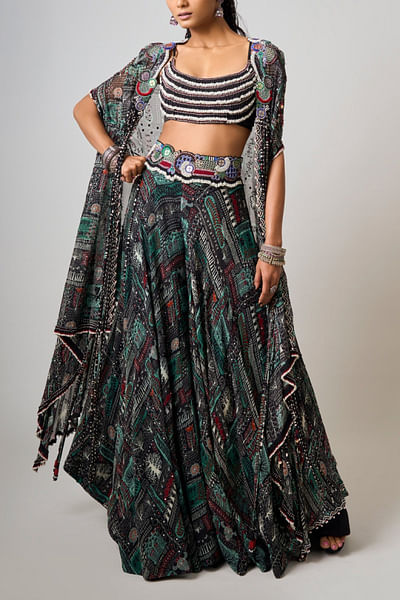 Black tribal printed cape and lehenga set