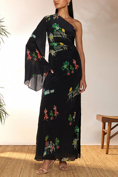 Black tropical one-shoulder maxi dress