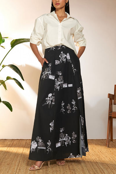 Black tropical printed maxi skirt