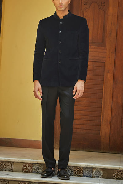 Black velvet bandhgala set
