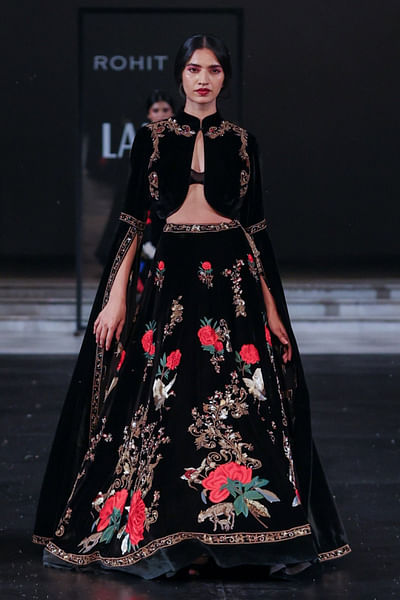 Black velvet embroidered lehenga set