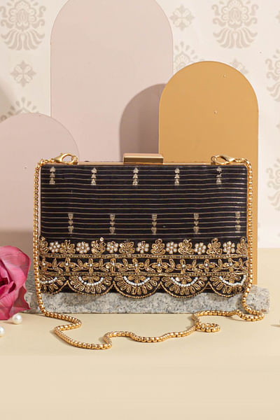 Black woven embroidered box clutch