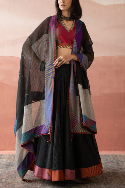 Black woven striped dupatta