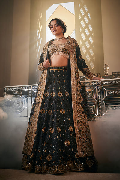 Black zardozi embroidered jacket lehenga set