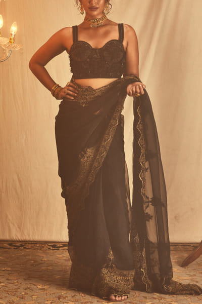 Black zardozi embroidered sari