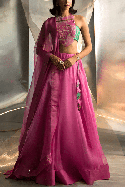 Bloom pink embroidered blouse and lehenga set