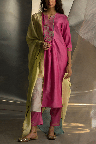 Bloom pink embroidered gathered kurta set
