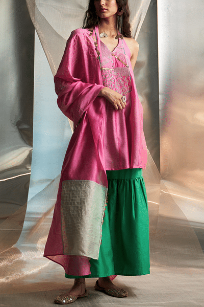 Bloom pink embroidered kurta sharara set