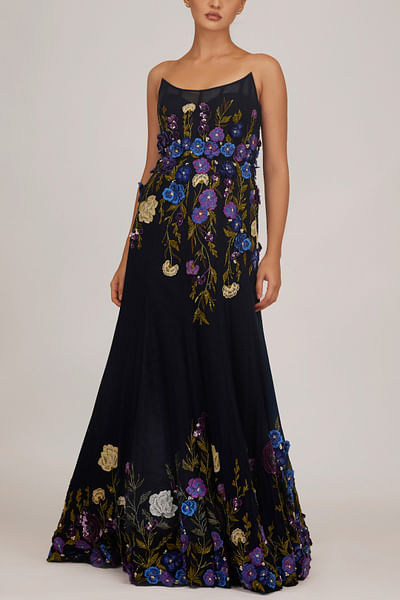 Blue 3D floral embroidered gown