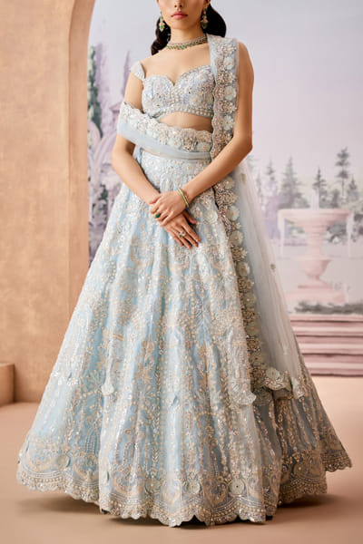 Blue 3D floral embroidered lehenga set