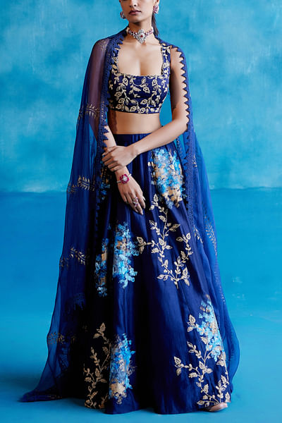 Blue abstract floral hand painted lehenga set