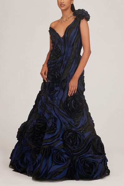 Blue and black 3D floral embroidery gown