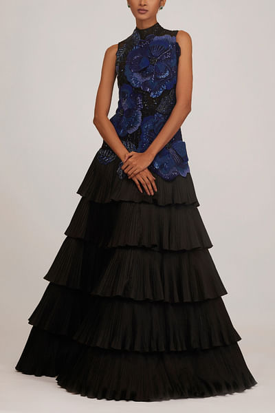 Blue and black 3D floral embroidery layer gown