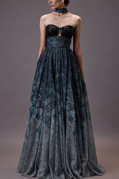 Blue and black floral printed corset gown