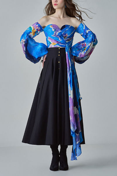 Blue and black ikat printed skirt set