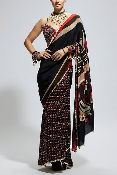 Blue and black printed pre-draped sari set