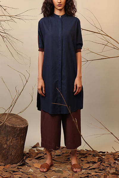 Blue and brown colour blocked shirt tunic