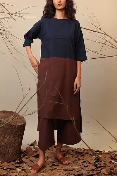 Blue and brown colour blocked tunic