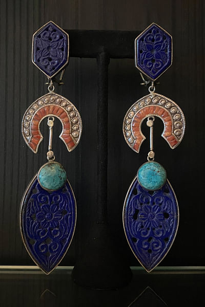Blue and coral floral carved lapis earrings