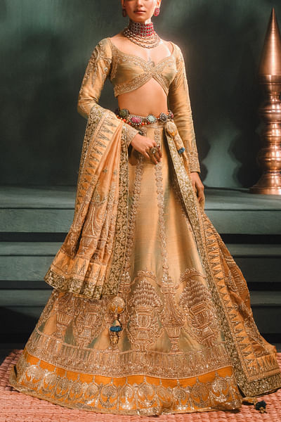 Blue and gold floral embroidered lehenga set