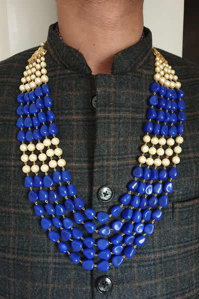 Blue and gold pearl beaded layered necklace