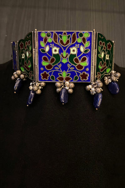 Blue and green bird meenakari choker