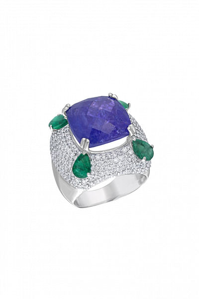 Blue and green emerald and tanzanite ring