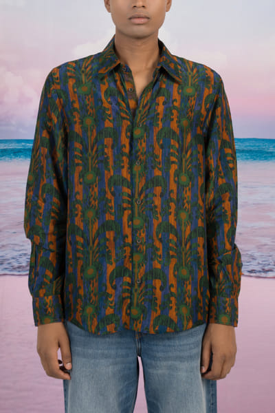 Blue and green floral and stripe printed shirt