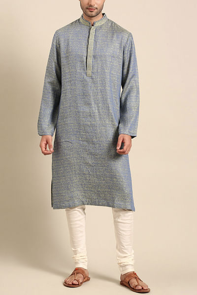 Blue and green linen jacquard kurta set