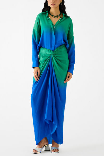 Blue and green ombre draped shirt dress