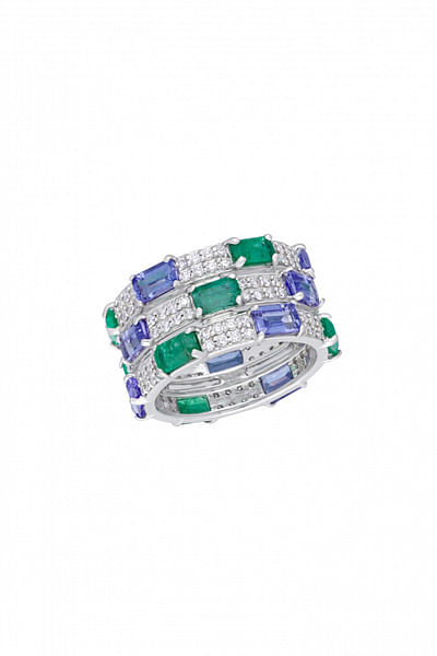 Blue and green tanzanite and emerald band ring